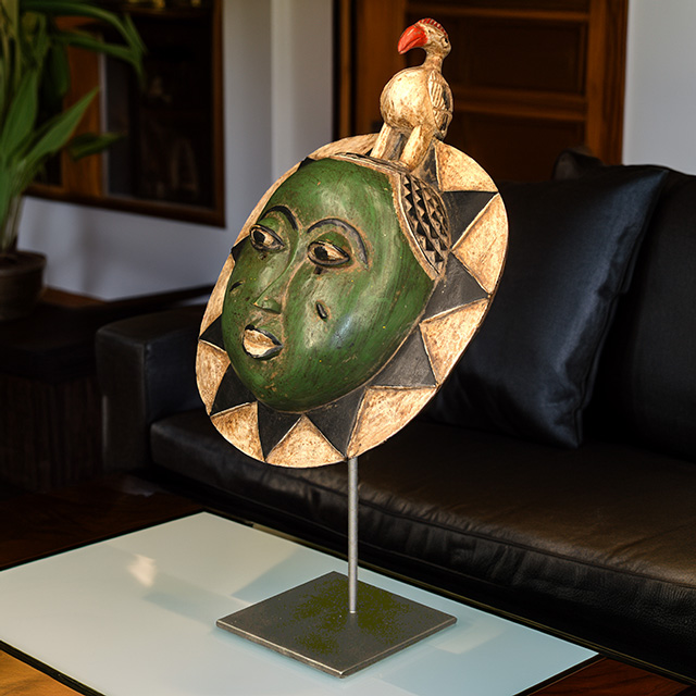 African Baule moon mask 115 on Display Stand Left Angle