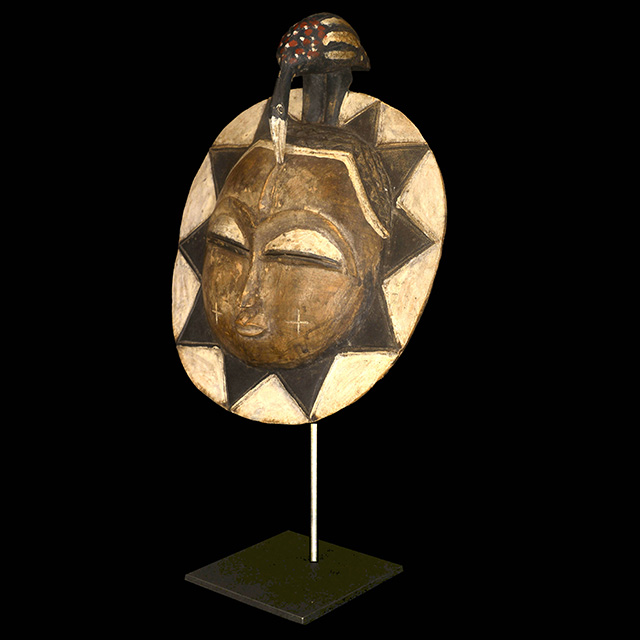 African Baule moon mask 117 on display stand Left Angle